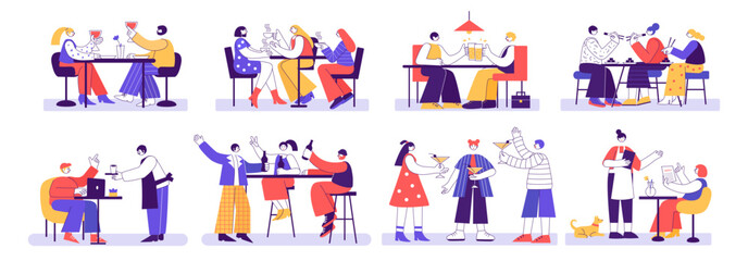 Restaurant and Cafe visitors. People eat and drink at restaurant tables together, enjoying meeting and celebration. Geometric vector illustration set