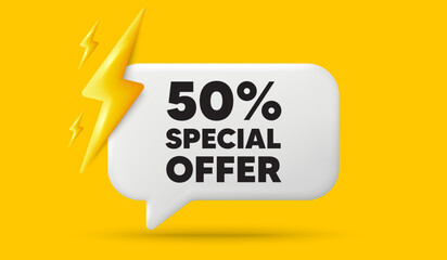 50 percent discount offer tag. 3d speech bubble banner with power energy. Sale price promo sign. Special offer symbol. Discount chat speech message. 3d offer talk box. Vector