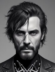 Obraz premium man guy rock musician look in camera on black color background, black and white background, black hair, body is ai Generative AI