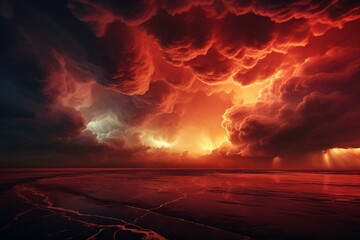 Red sky landscape with intense thunderstorms in an exquisite 4k wallpaper. Generative AI