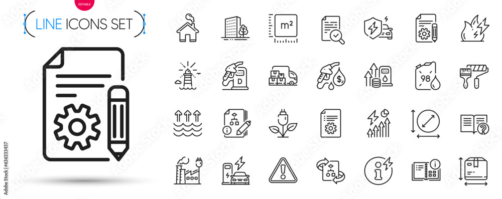 Poster pack of documentation, buildings and power info line icons. include lighthouse, algorithm, circle ar