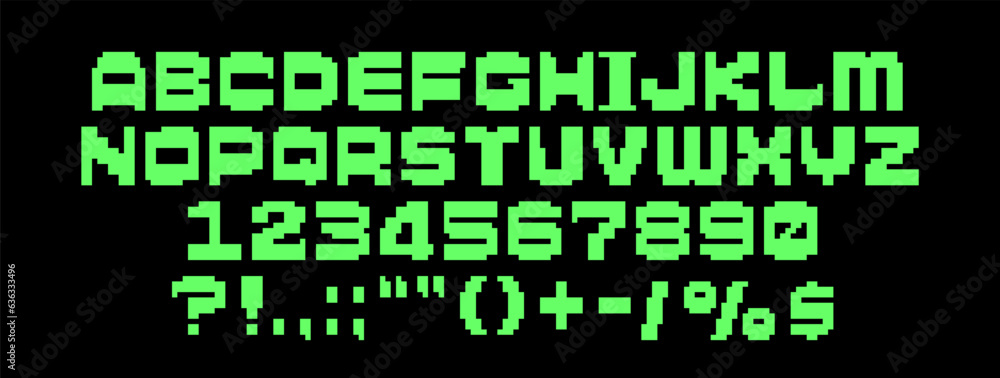 Fototapete retro-futuristic green pixel game font: english letters and numbers in 8-bit arcade style, vector il