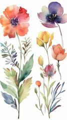 Watercolor illustration of isolated poppies of various colors, on white background. AI generated