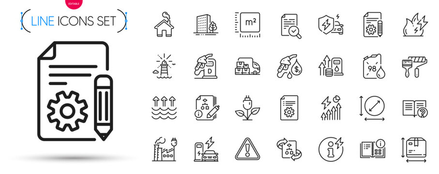 Pack of Documentation, Buildings and Power info line icons. Include Lighthouse, Algorithm, Circle area pictogram icons. Charging station, Eco power, Help signs. Square meter, Fuel price. Vector