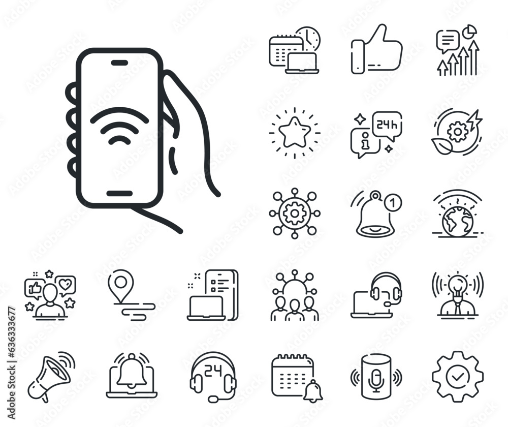 Poster hand hold phone sign. place location, technology and smart speaker outline icons. internet app line 