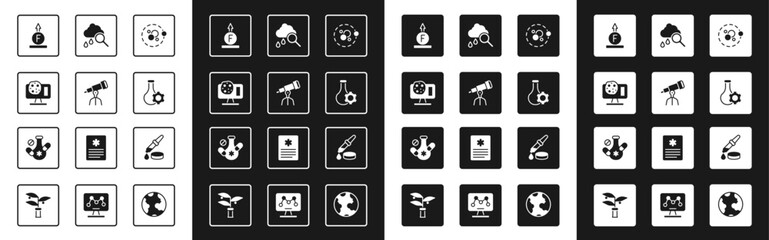 Set Atom, Telescope, Genetic engineering, Force of physic formula, Test tube, Cloud with rain, Pipette and Medicine pill icon. Vector