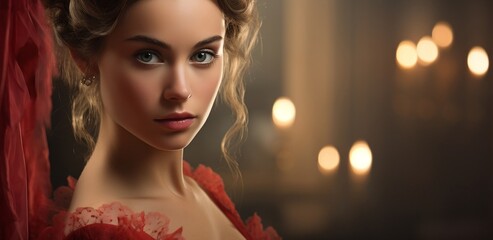 Close up portrait of a Beautiful girl in red dress. romantic woman .Pretty model looking at camera.