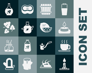 Set Burning candle, Cup of tea, Aroma, Sauna bucket, Teapot with leaf, Oak, Essential oil bottle and Lemon icon. Vector