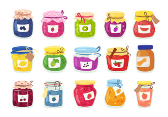 Homemade jams in glass jars. Gourmet sweet meals from berries, fruit preserves and peanut butter. Tasty jam isolated vector collection - obrazy, fototapety, plakaty