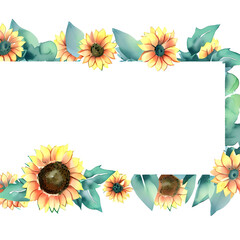 watercolor border design with lovely sunflower and leaves