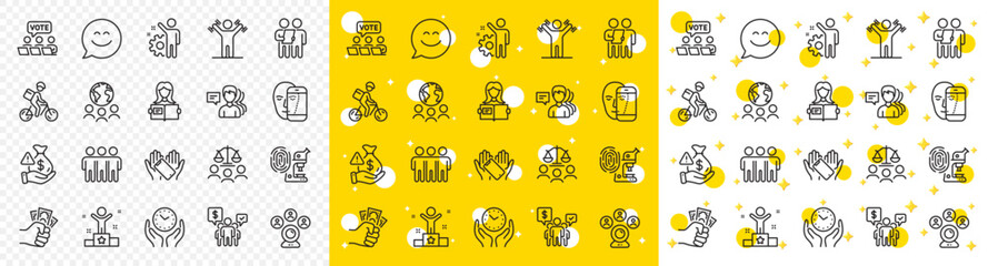 Outline Fraud, Bribe and Friendship line icons pack for web with Woman read, Online voting, Court jury line icon. Teamwork, Survey, Delivery bike pictogram icon. Fingerprint research. Vector