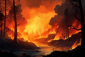Wildfire in the forest. Wood burning in flames. Generative Ai illustration