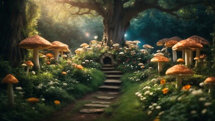 Garden decoration in the form of a tunnel with mushrooms and trees