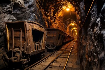 Fototapeta na wymiar A mining tunnel with wooden frames housing a train inside. Generative AI