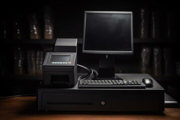 A modern black cash register with a barcode scanner and empty computer screen. Generative AI