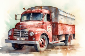 Watercolor of a classic ice cream truck from the past. Generative AI
