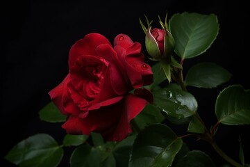 A crimson rose against a black and dark background with a lush green stem in the middle. Generative AI