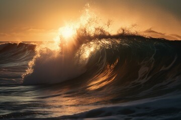 A gigantic sunrise wave, with the tempestuous ocean bathed in the light of the ascending sun. Generative AI