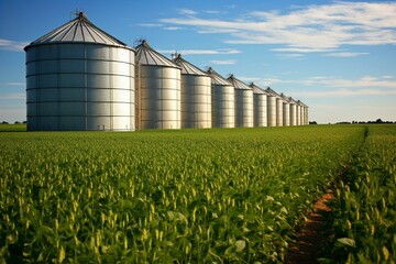 Soybean field, grain storage silos, summer, USA. Generative AI
