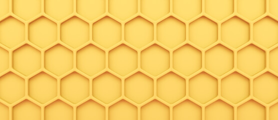 Abstract yellow golden geometric hexagonal honeycomb background, hexagons pattern or structure, connections and network with cells