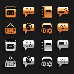 Set Telephone 24 hours support, Unknown search, Sad smile, Headphoneswith settings, Signboard text Help, Notebook, Mail and e-mail and Question Answer icon. Vector