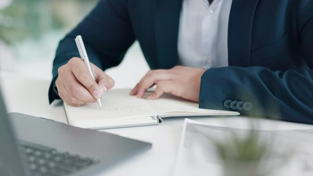 Business man, hands or writing in book for report, agenda or planning administration of ideas, schedule or notes. Closeup, corporate entrepreneur and notebook planner for calendar, information or pen