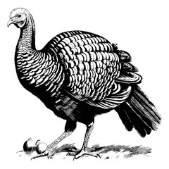 Turkey illustration in engraving or woodcut style. Gobbler meat and eggs vintage produce elements. Badges and design elements for the turkeycock manufacturing. 