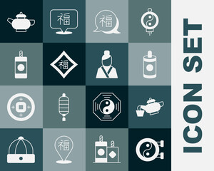 Set Yin Yang symbol, Chinese tea ceremony, Firework, New Year, and Asian woman icon. Vector