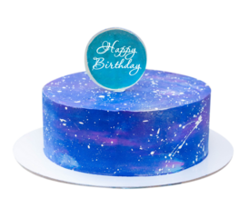 Birthday blue cosmic cake on festive background with text Happy Birthday