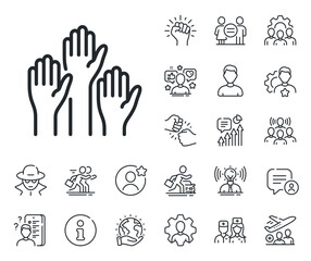 People vote by hand sign. Specialist, doctor and job competition outline icons. Voting hands line icon. Public election symbol. Voting hands line sign. Avatar placeholder, spy headshot icon. Vector