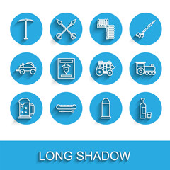 Set line Wooden beer mug, Kayak or canoe and paddle, Pickaxe, Bullet, Whiskey bottle glass, Wanted western poster, Retro train and Western stagecoach icon. Vector