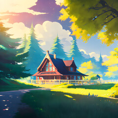 house in the woods mountain sky