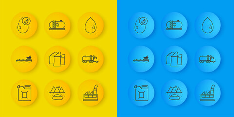 Set line Canister for gasoline, Oil tanker ship, industrial factory building, Tanker truck, Bio fuel, drop and icon. Vector