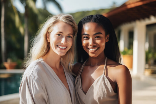 Happy multiethnic women together in a luxury retreat. Generative AI.