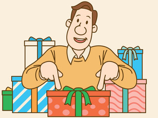 Man pointing finger at gift box. Vector illustration in retro cartoon style.