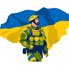 Ukrainian Soldier with Flag on the background