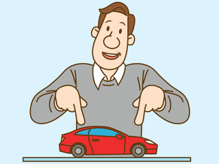 Businessman pointing finger at sports car. Vector illustration in retro cartoon style.