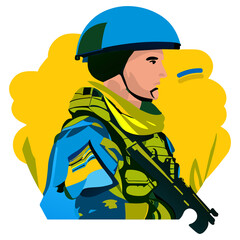 Ukrainian Soldier with Flag on the background