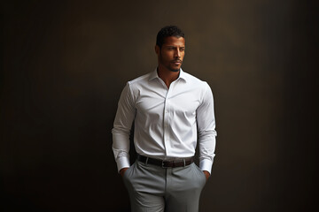 Fototapeta premium Man Posing in White Dress Shirt or Pants. Elegance and Confidence Defined. Generative Ai