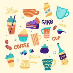 Set Coffee Illustration and Hand Draw Text. Simple minimalism flat design style. Design elements. Coffee bean, cupcake, mug to go, ice coffee,milk, syrup, turkey, ice tea, sugar