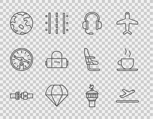 Set line Safety belt, Plane takeoff, Headphones with microphone, Parachute, Worldwide, Suitcase, Radar and Coffee cup icon. Vector