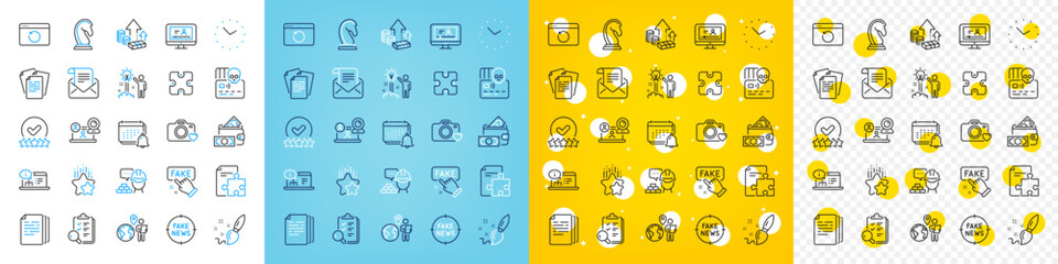 Vector icons set of Online documentation, Online video and Fake information line icons pack for web with Rating stars, Creative idea, Recovery internet outline icon. Paint brush. Vector