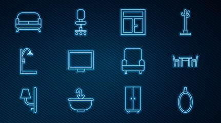 Set line Mirror, Wooden table with chair, Window in the room, Picture frame on, Shower, Sofa, Armchair and Office icon. Vector