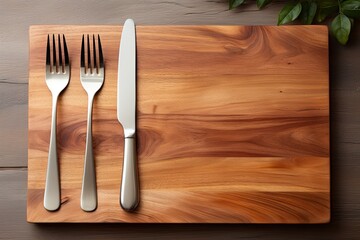wooden cutlery fork and spoon on a chopping board on table