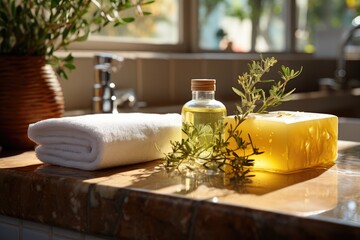 Fototapeta na wymiar Natural olive soap, olive oil and a towel on a countertop in a sunlit bathroom. Generative AI