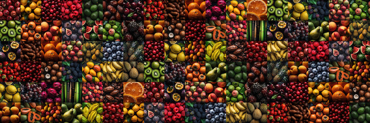 Panorama of many different fresh and ripe fruits