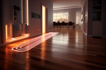 Heating system beneath wooden flooring. Rendered visual. Generative AI