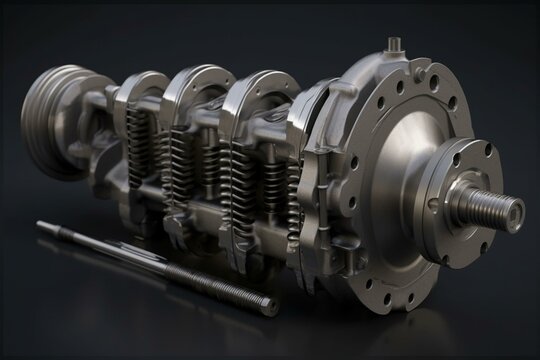3D model of a 6-cylinder truck crankshaft on a grey background with engine bearings, pistons, and piston rings. Generative AI