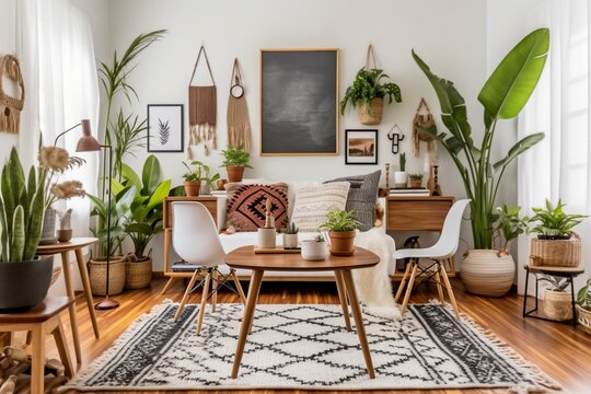 A stylish Scandinavian boho living room with carefully curated furniture, adorned with a vase of plants on a table. Generative AI