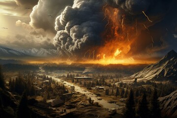 Illustration of Yellowstone supervolcano eruption causing damage and spewing ash far. Generative AI